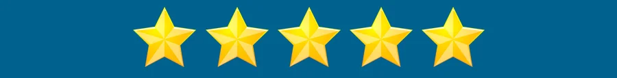 Gold Testimonials and Reviews Stars on a blue background for a 5 star review