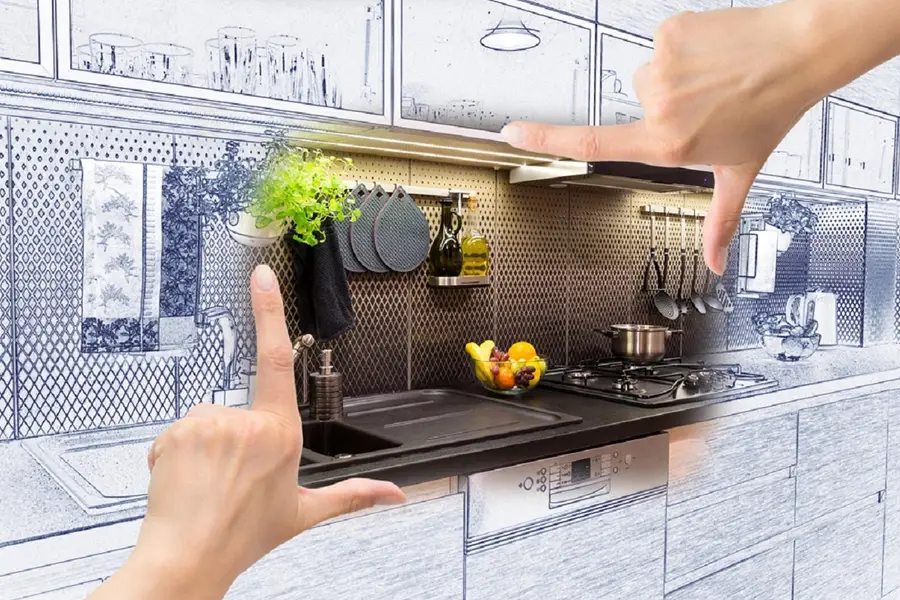 An artist rendering of a kitchen with an overlay image of a kitchen home improvement