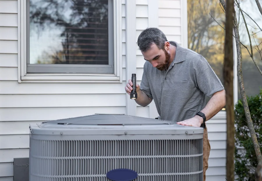 An appraiser performing a home appraisal inspection on the HVAC