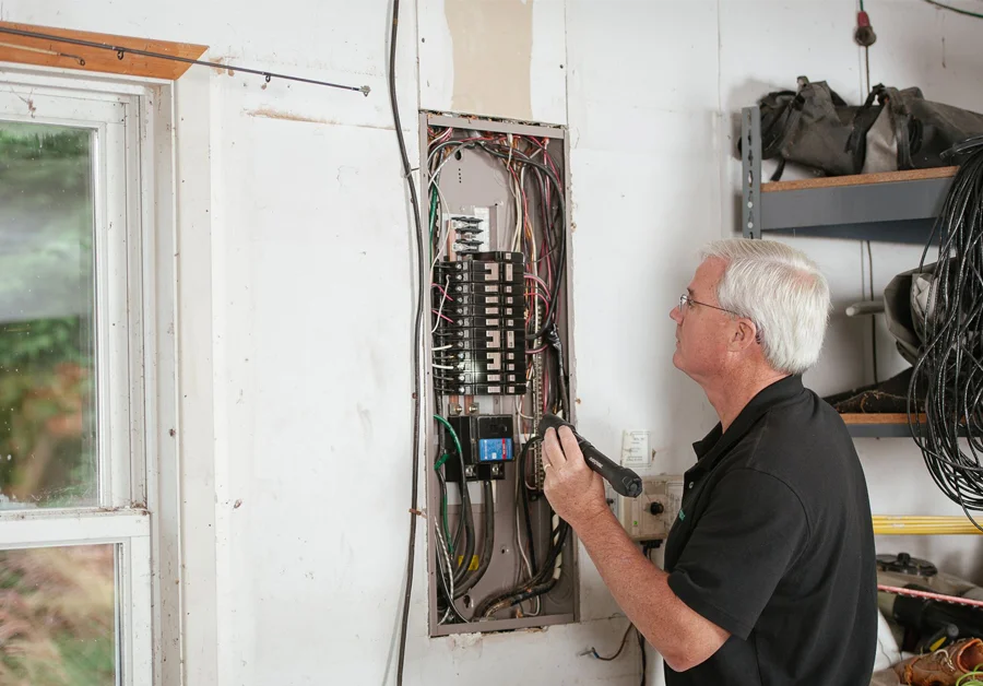 An appraiser performing a home appraisal inspection looking at the upgraded electrical panel